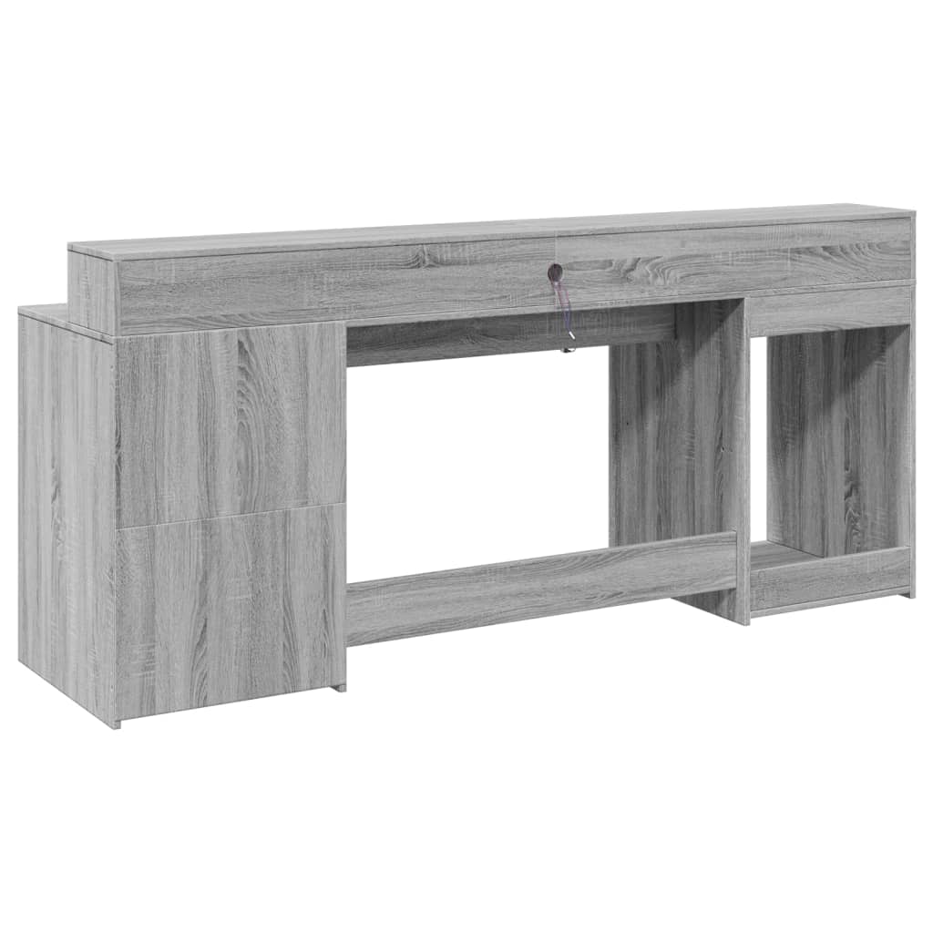 Scrivania con Luci LED Grigio Sonoma 200x55x91cm in Truciolato