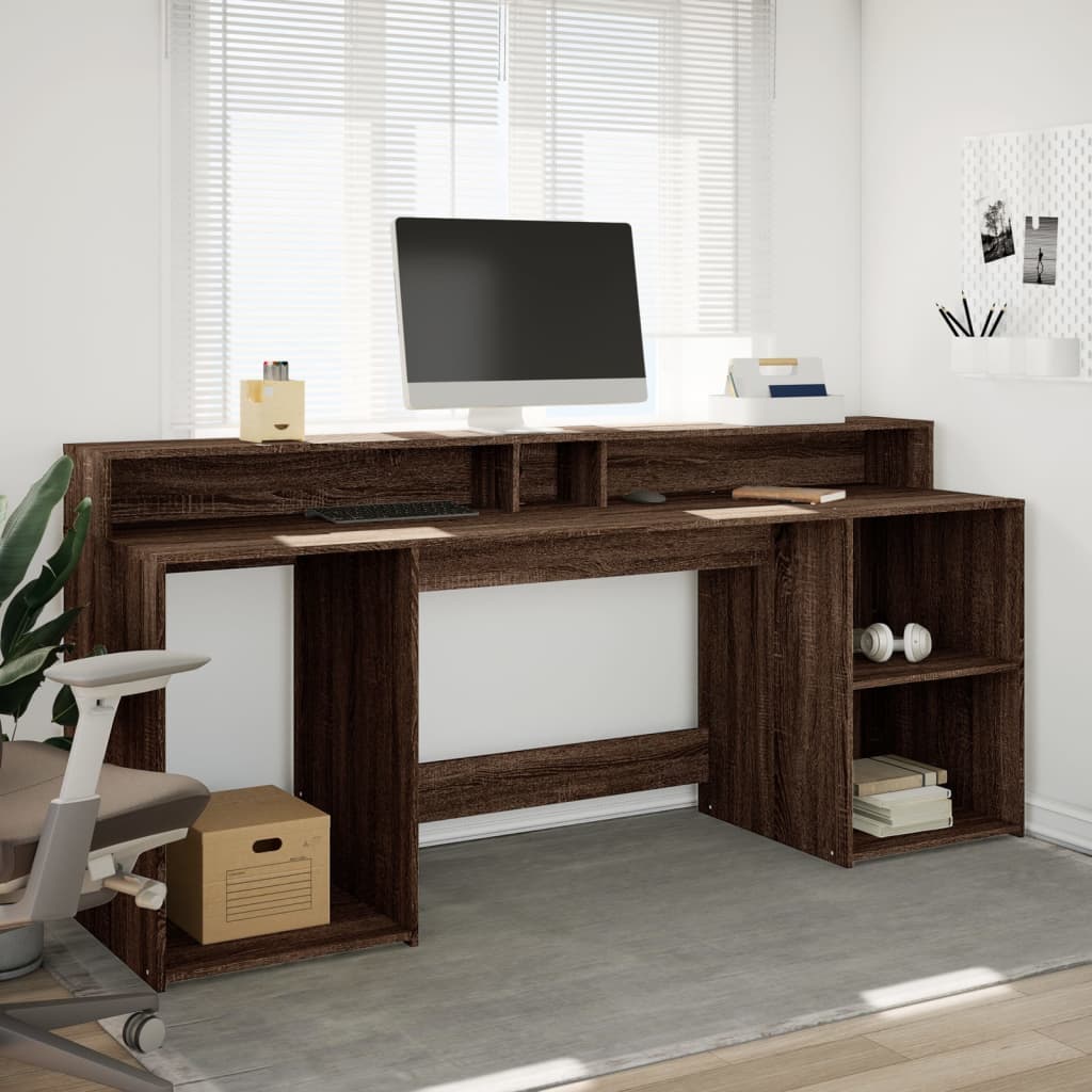 Scrivania con Luci LED Marrone Rovere 200x55x91 cm Truciolato