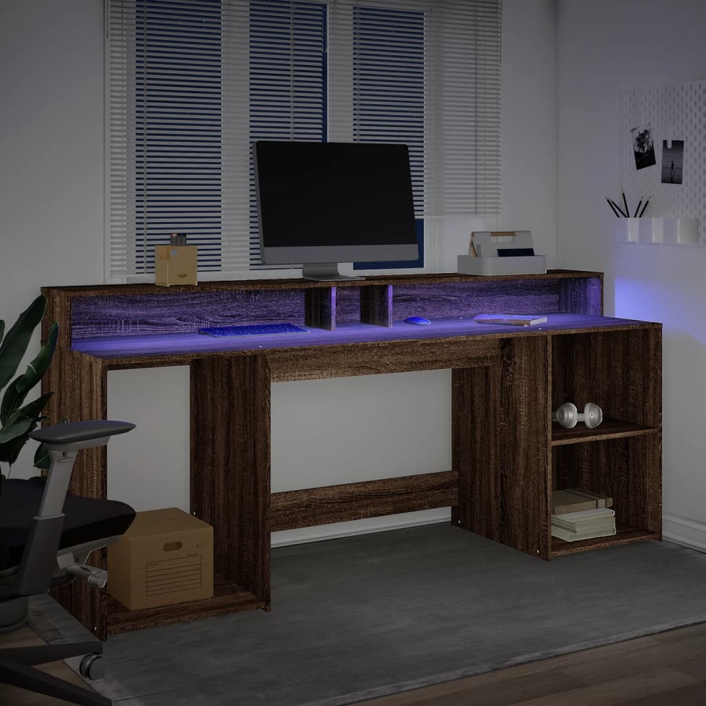 Scrivania con Luci LED Marrone Rovere 200x55x91 cm Truciolato