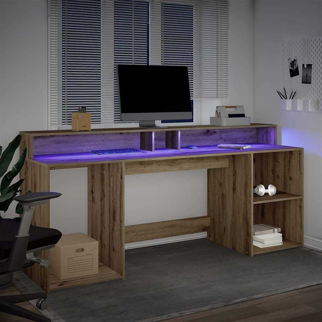 Scrivania con LED Rovere Artigianale 200x55x91 cm in Truciolato