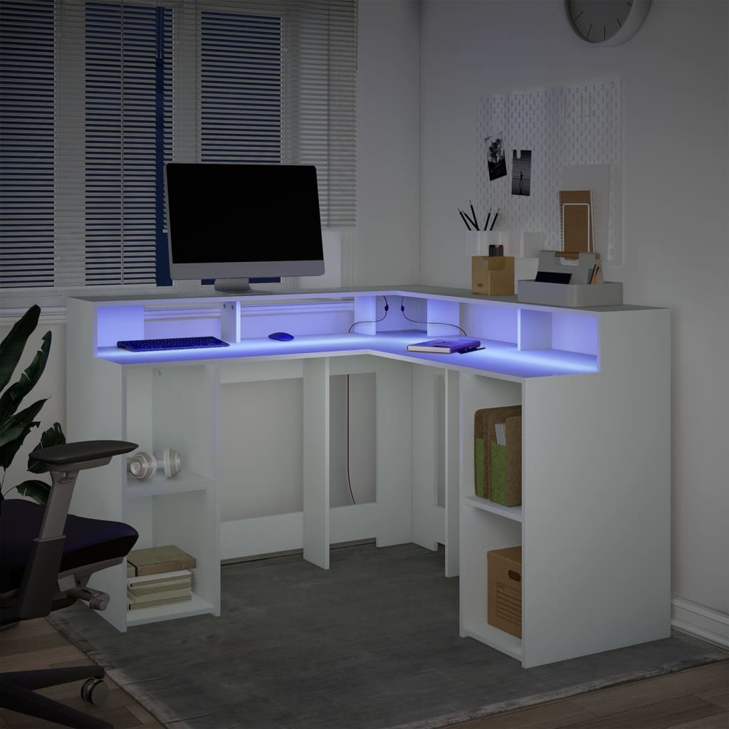 Scrivania con Luci LED Bianca 130x130x91 cm in Truciolato