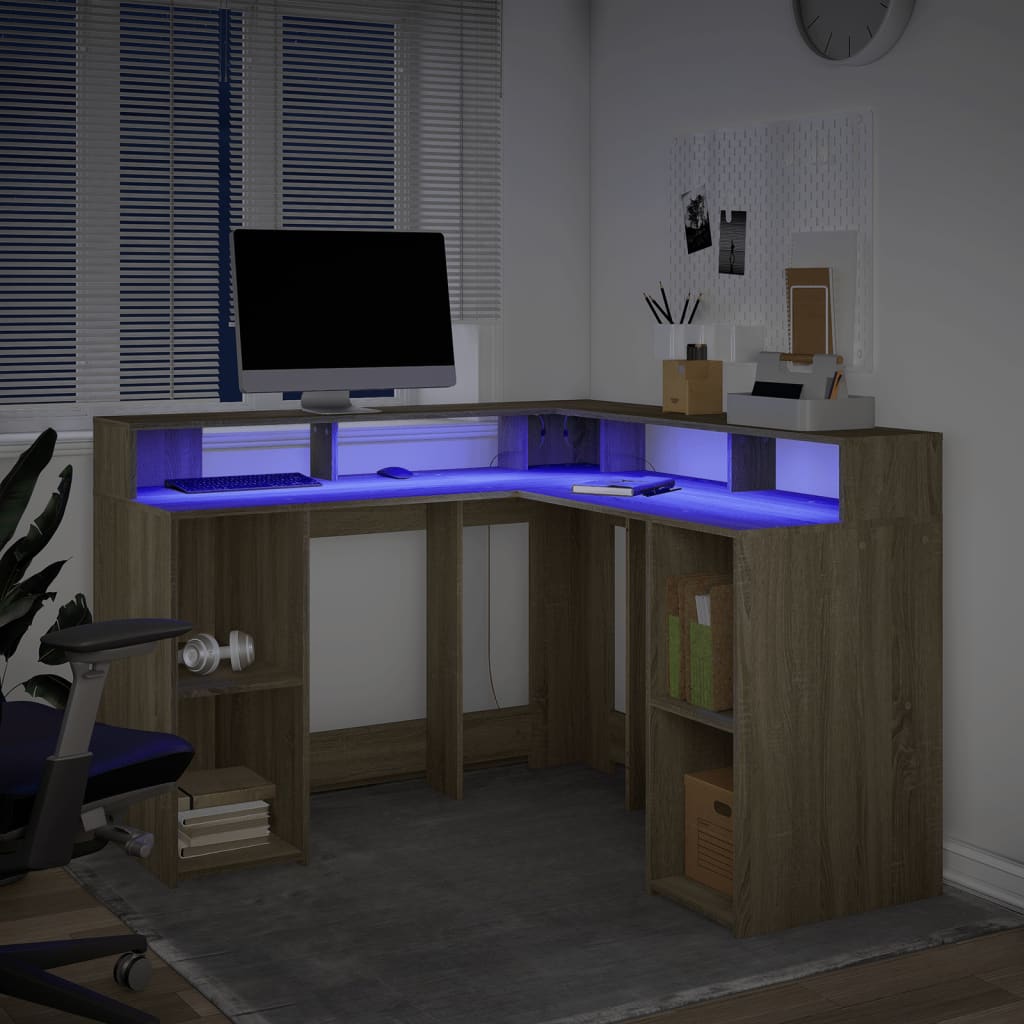 Scrivania con Luci LED Rovere Sonoma 130x130x91cm in Truciolato