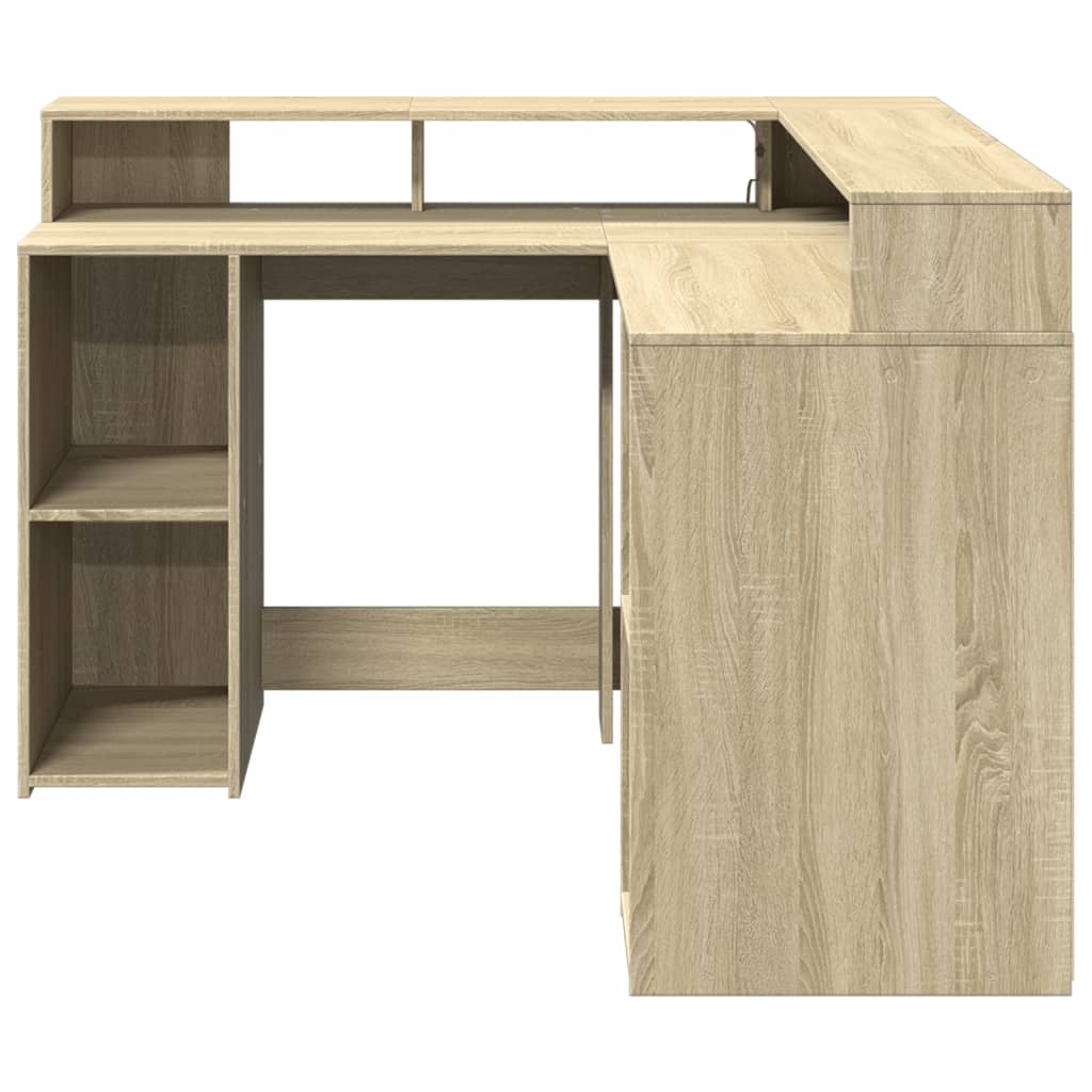 Scrivania con Luci LED Rovere Sonoma 130x130x91cm in Truciolato