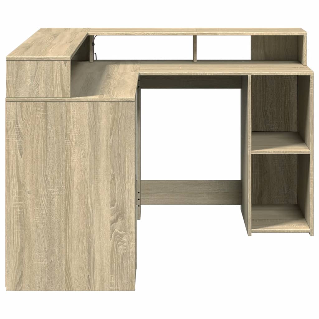 Scrivania con Luci LED Rovere Sonoma 130x130x91cm in Truciolato