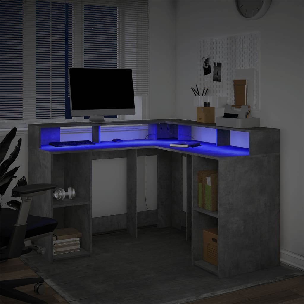 Scrivania con Luci LED Grigio Cemento 130x130x91 cm Multistrato