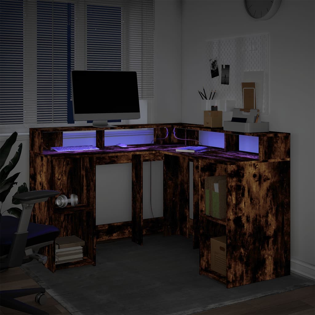 Scrivania con Luci LED Rovere Fumo 130x130x91 cm in Truciolato