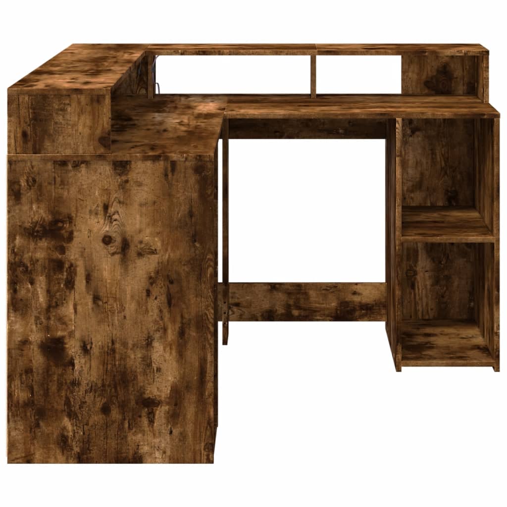 Scrivania con Luci LED Rovere Fumo 130x130x91 cm in Truciolato