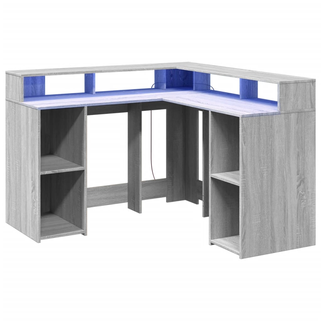 Scrivania con Luci LED Grigio Sonoma 130x130x91cm in Truciolato