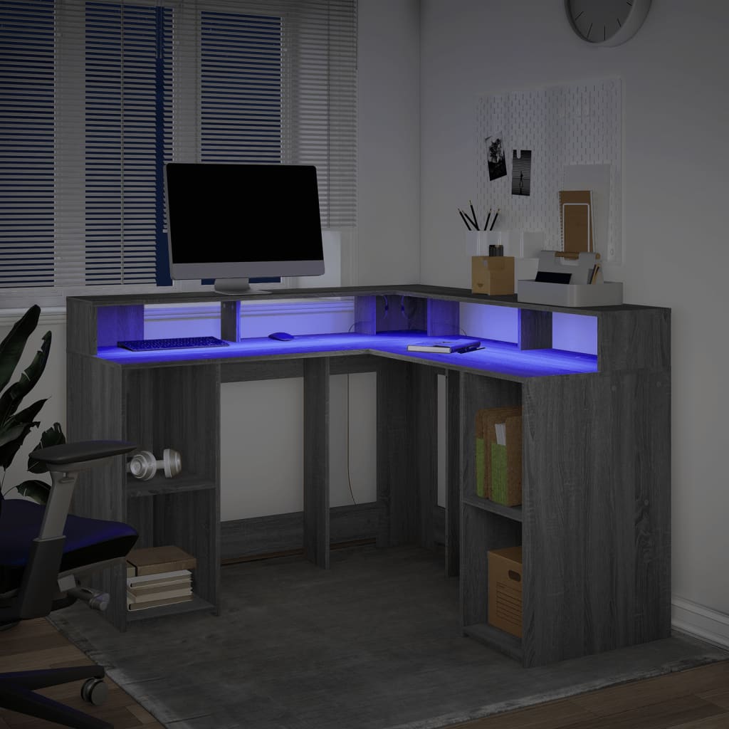 Scrivania con Luci LED Grigio Sonoma 130x130x91cm in Truciolato