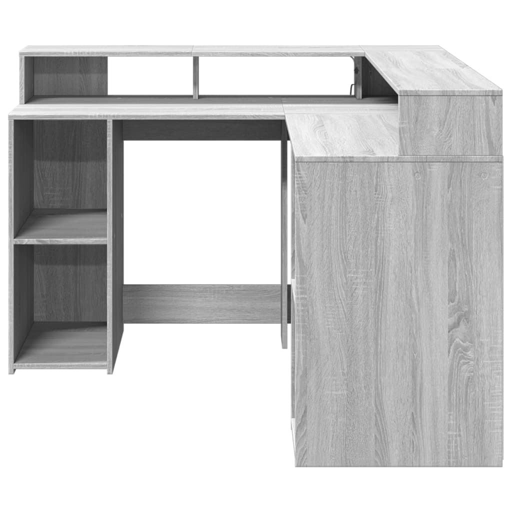 Scrivania con Luci LED Grigio Sonoma 130x130x91cm in Truciolato