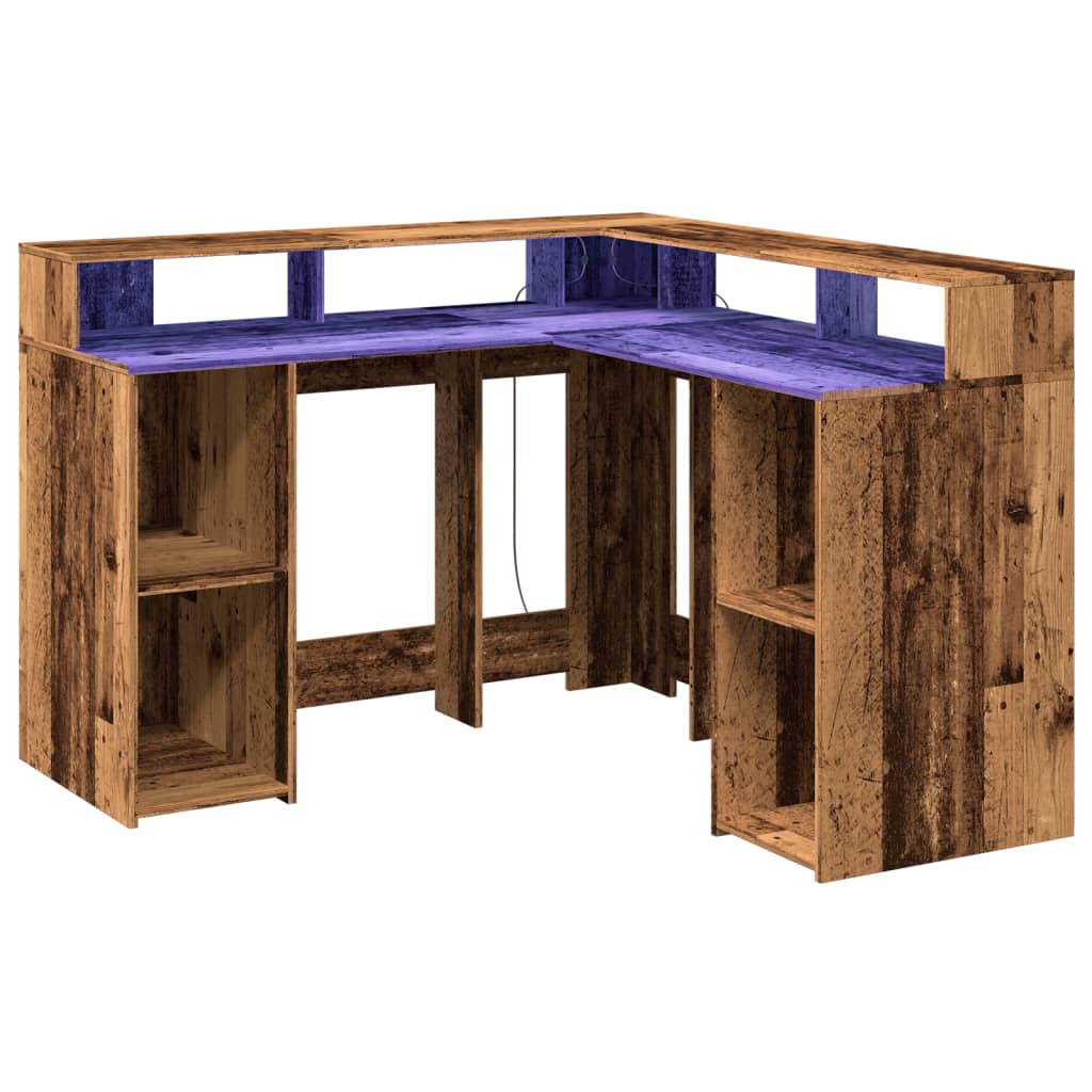 Scrivania con Luci LED Legno Antico 130x130x91 cm in Truciolato