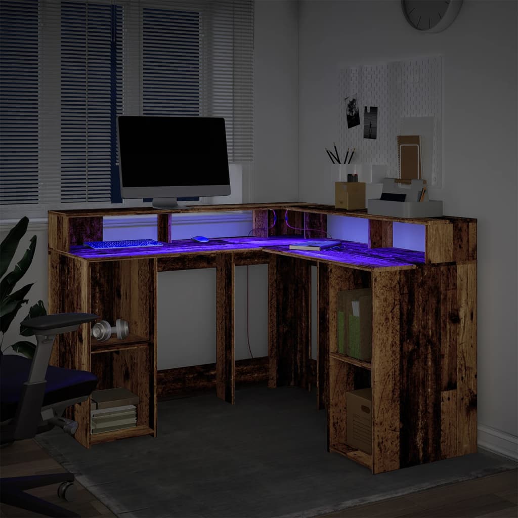 Scrivania con Luci LED Legno Antico 130x130x91 cm in Truciolato