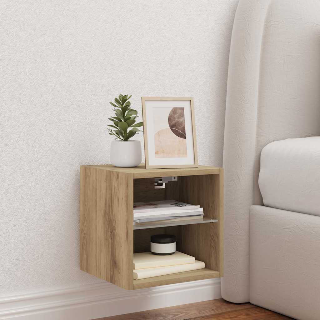 Mobile TV a Parete con Luci LED Rovere Artigianale 30x28,5x30cm