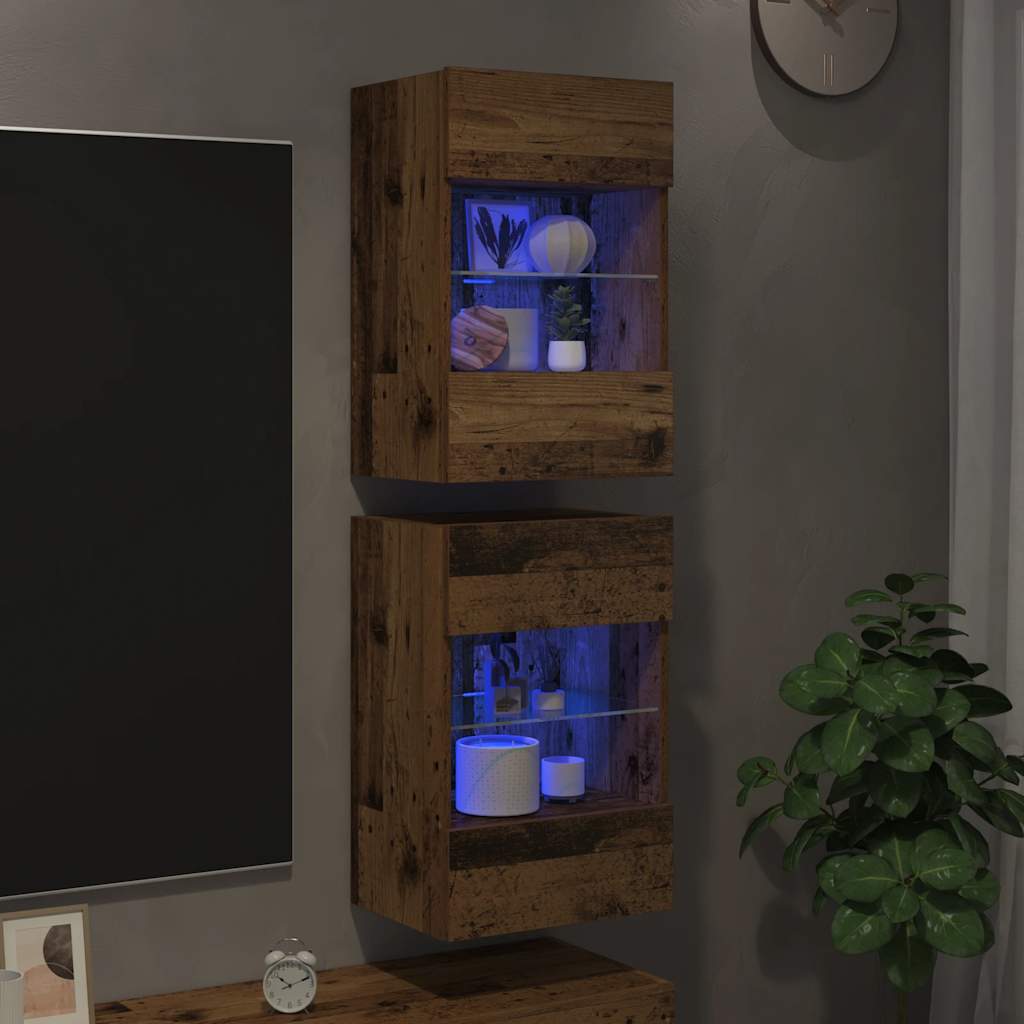Mobili da parete con luci LED per TV 2pz Legno Vecchio 40x30x60,5 cm