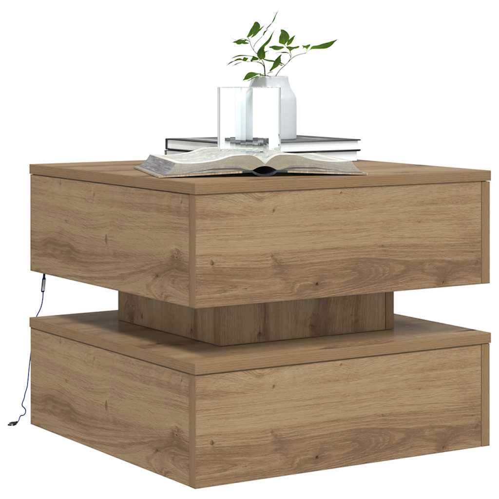 Tavolino da Salotto con Luci LED Rovere Artigianale 50x50x40 cm