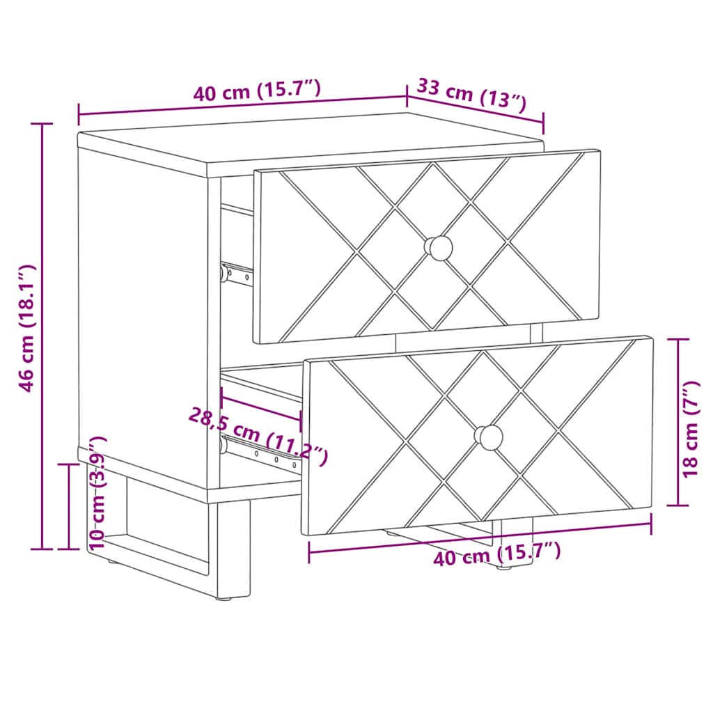 Comodino Nero 40x33x46 cm in Legno Massello di Mango