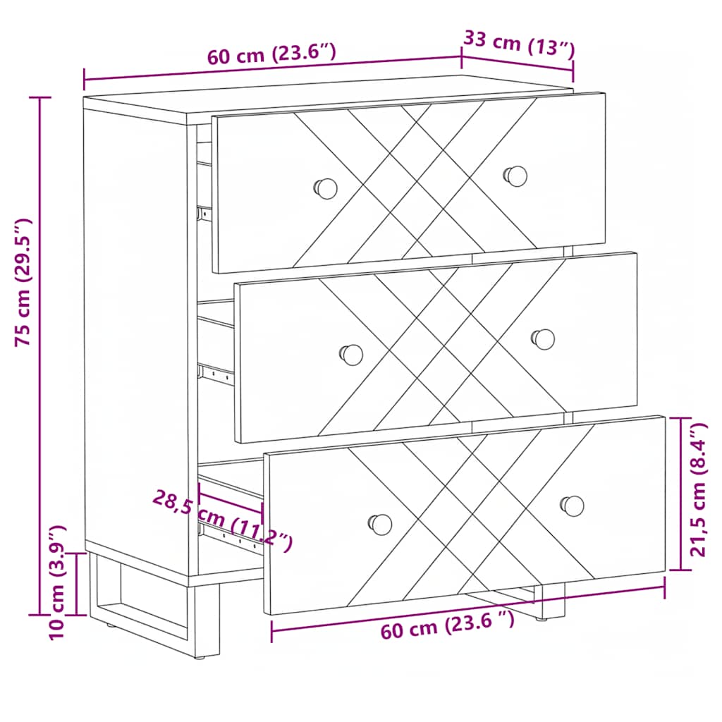 Credenza Nera 60x33x75 cm in Legno Massello di Mango
