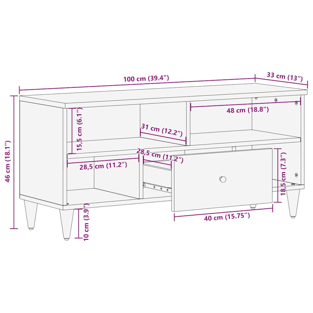 Mobile Porta TV Nero 100x33x46 cm in Legno Massello di Mango