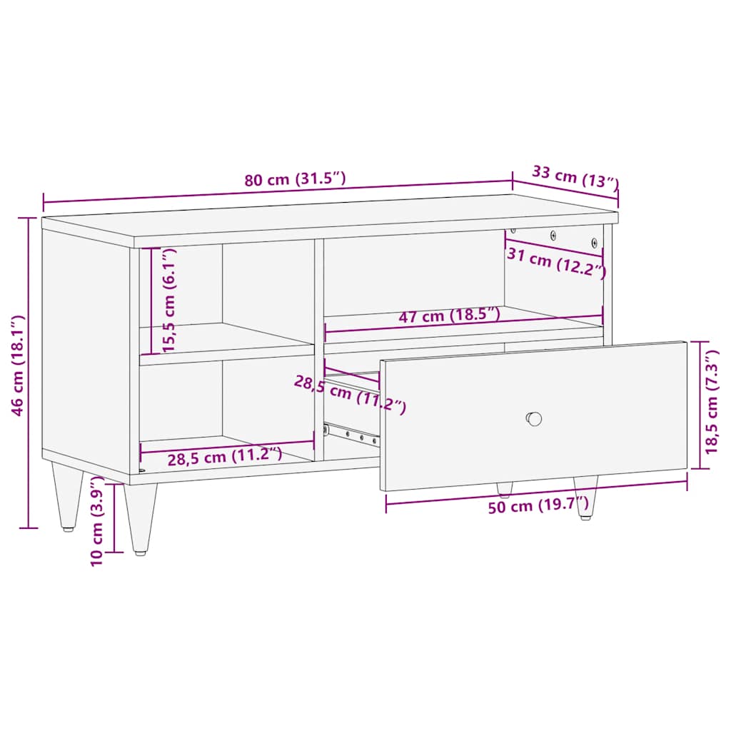 Mobile Porta TV Nero 80x33x46 cm in Legno Massello di Mango