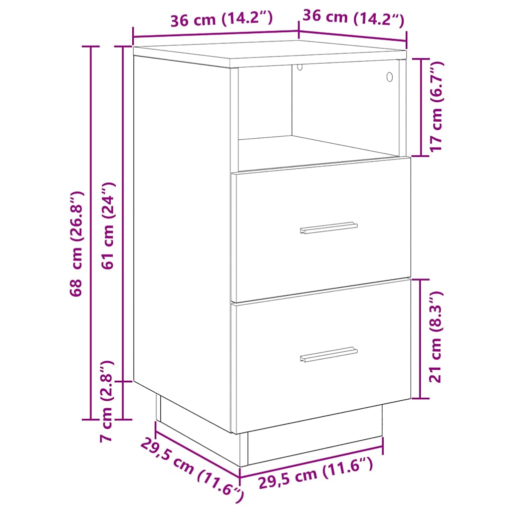Comodino con 2 Cassetti Rovere Artigianale 36x36x68 cm