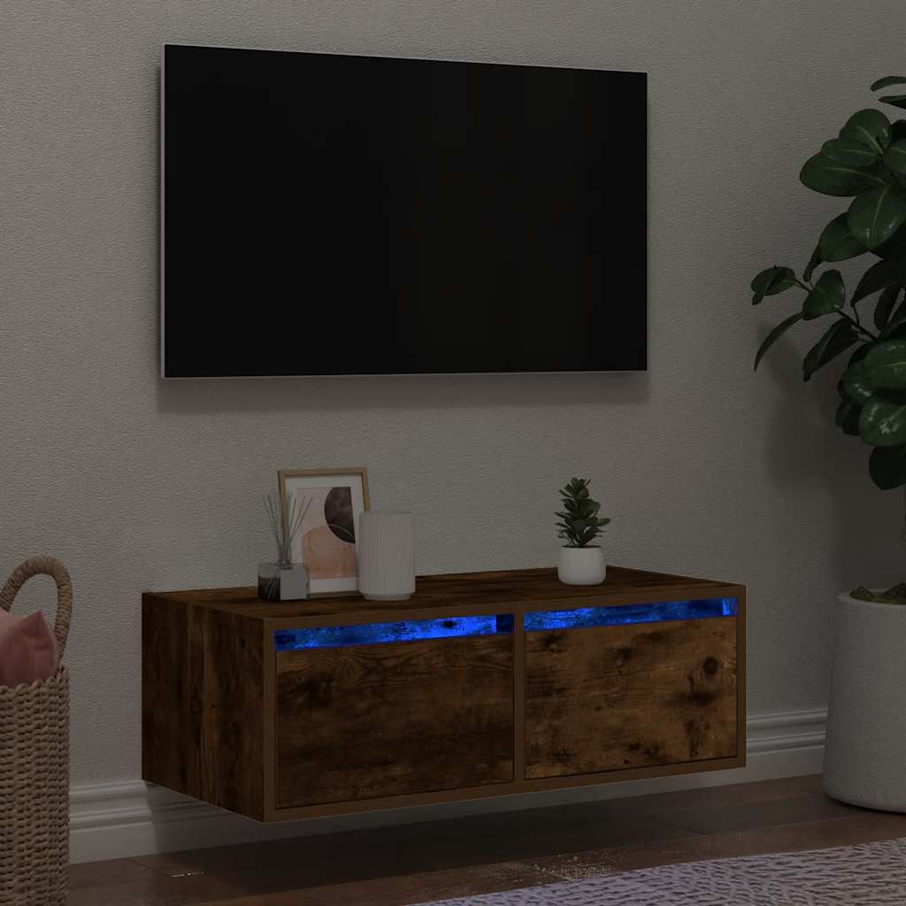 Mobile Porta TV con Luci LED Rovere Fumo 75x35,5x25 cm