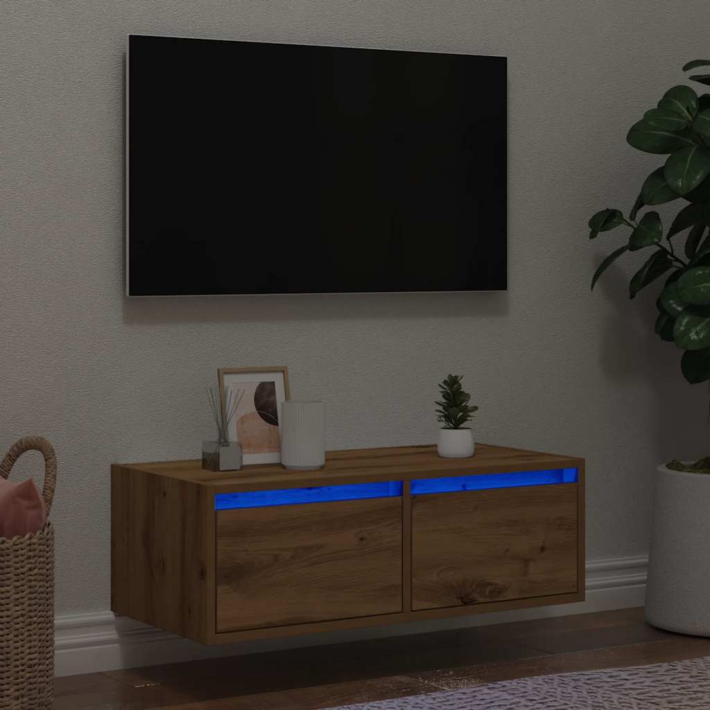 Mobile Porta TV con Luci LED Rovere Artigianale 75x35,5x25 cm