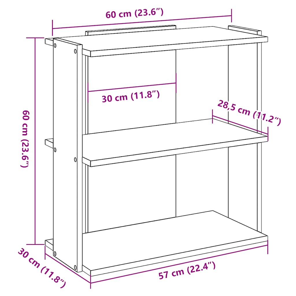 Libreria a 3 Ripiani Rovere Artigianale 60x30x60 cm