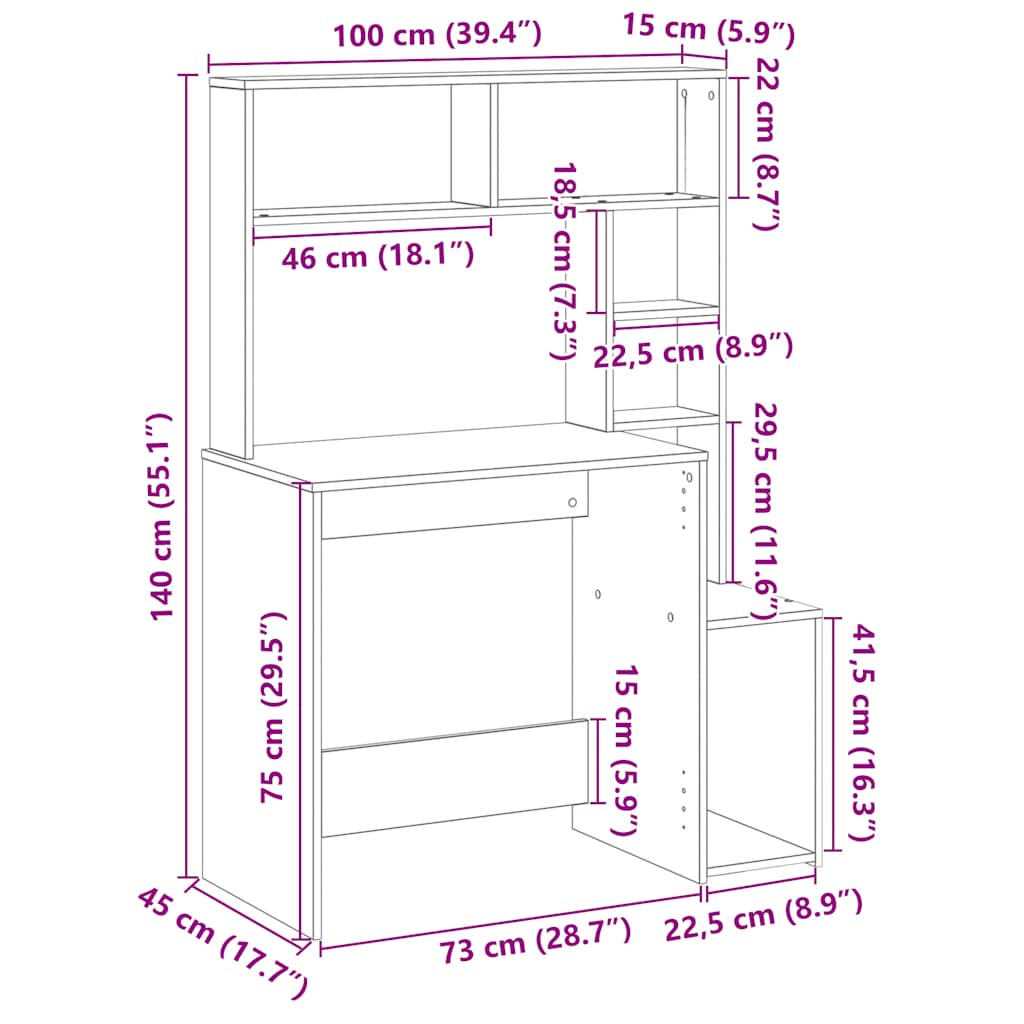 Scrivania Mensole Grigio Cemento 100x45x140cm Legno Multistrato