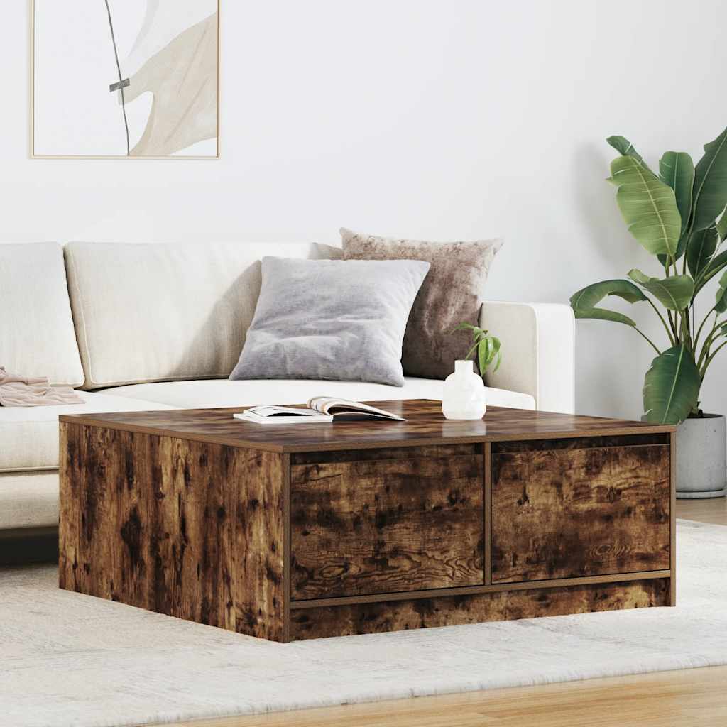 Tavolino da Salotto con Cassetti Rovere Fumo 100x100x40 cm
