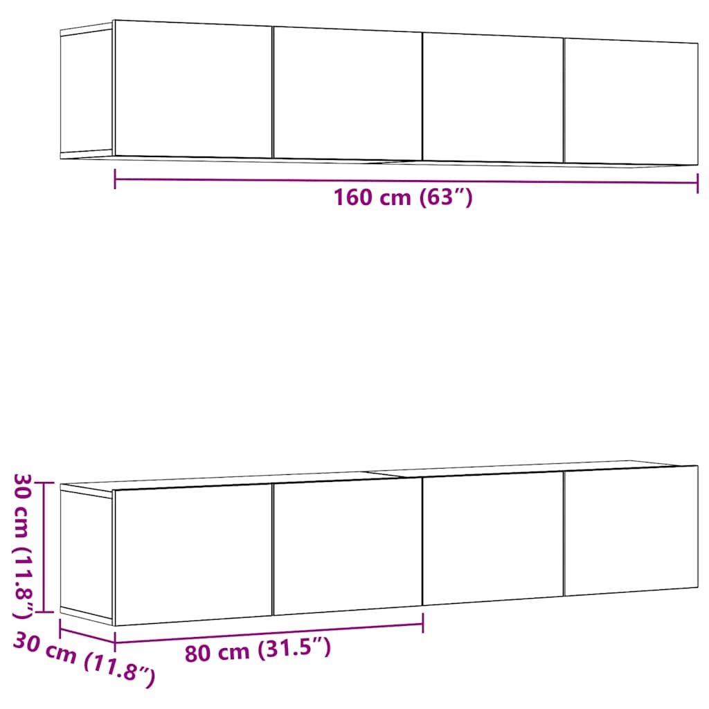 Mobili TV a Parete 4 pz Rovere Artigianale in Legno Multistrato