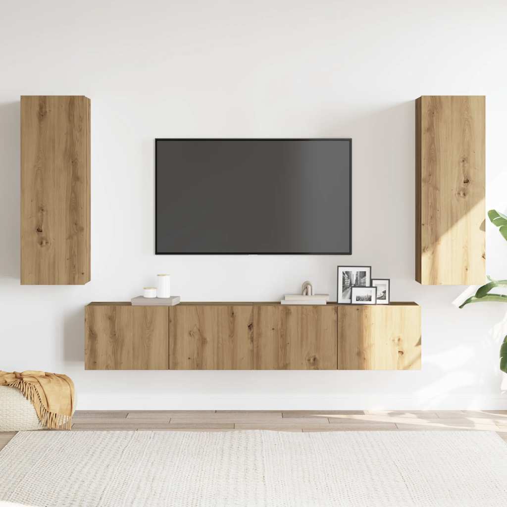 Mobili TV a Parete 4 pz Rovere Artigianale in Legno Multistrato