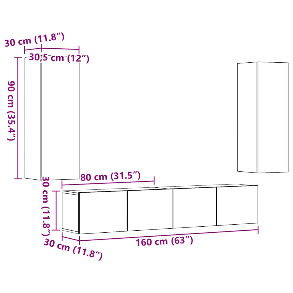 Mobili TV a Parete 4 pz Rovere Artigianale in Legno Multistrato