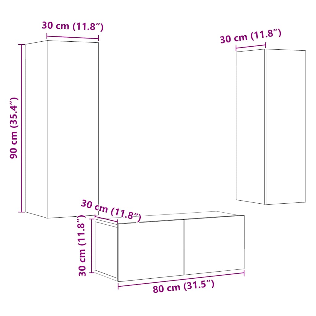 Mobili TV a Parete 3 pz Rovere Artigianale in Legno Multistrato