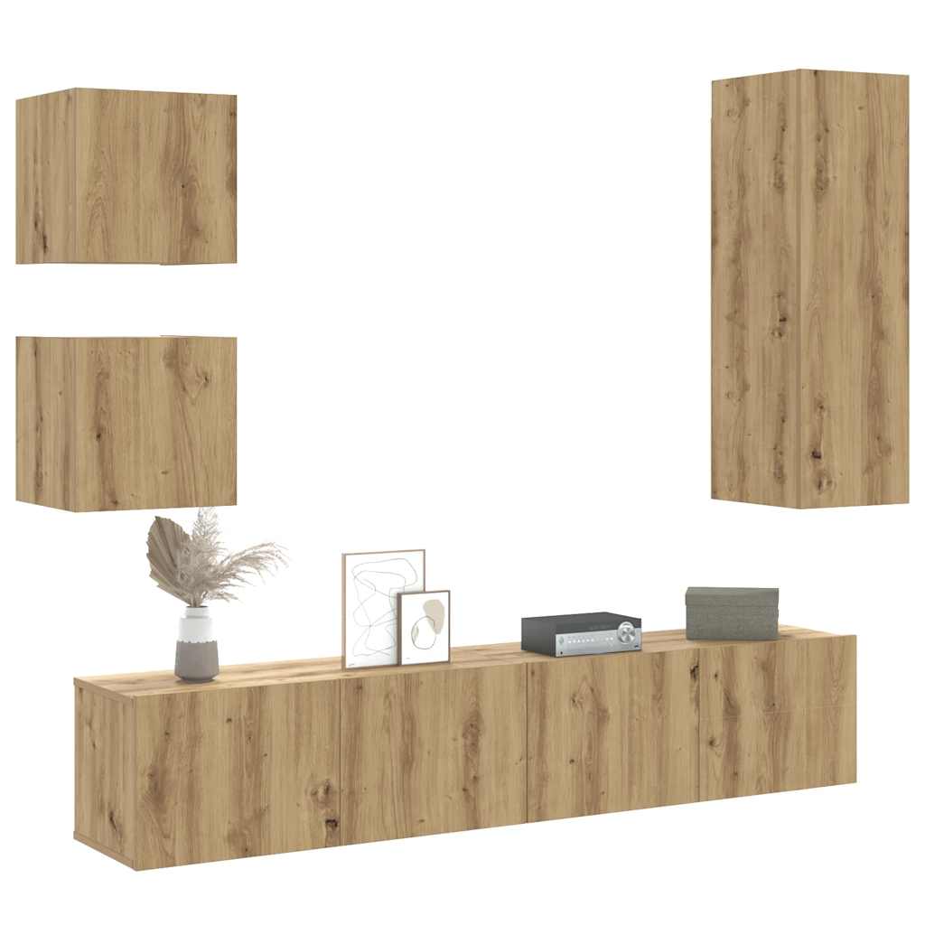 Set Mobile TV 5 pz Montato a Parete Rovere in Legno Multistrato