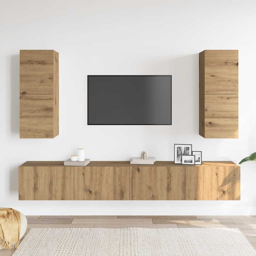Set Mobile TV 4 pz Montato a Parete Rovere in Legno Multistrato
