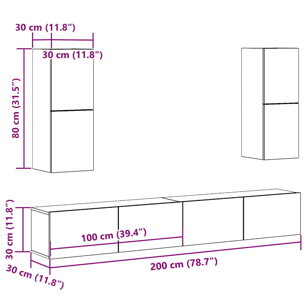 Set Mobile TV 4 pz Montato a Parete Rovere in Legno Multistrato