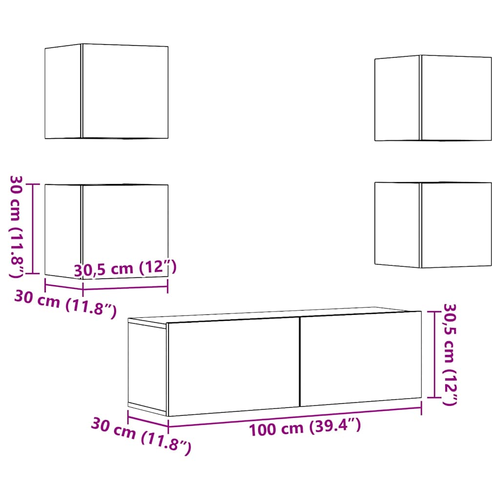 Set Mobile TV 5 pz Montato a Parete Rovere in Legno Multistrato