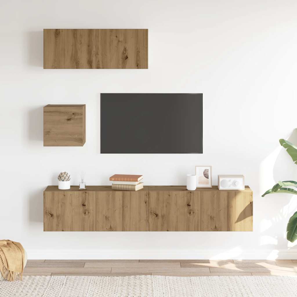 Set Mobile TV 4 pz Montato a Parete Rovere in Legno Multistrato