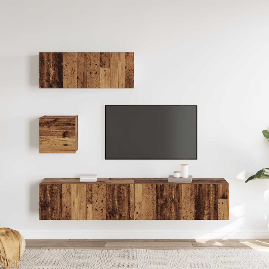 Set Mobile TV 4 pz Montato a Parete Legno Antico in Truciolato
