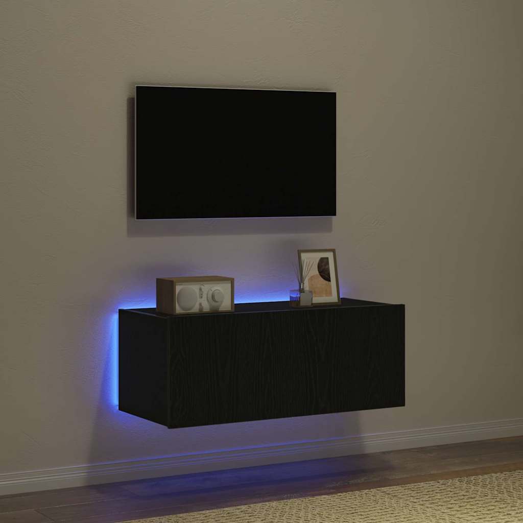 Mobile TV da parete con LED Rovere Nero 80 x 35 x 31 cm