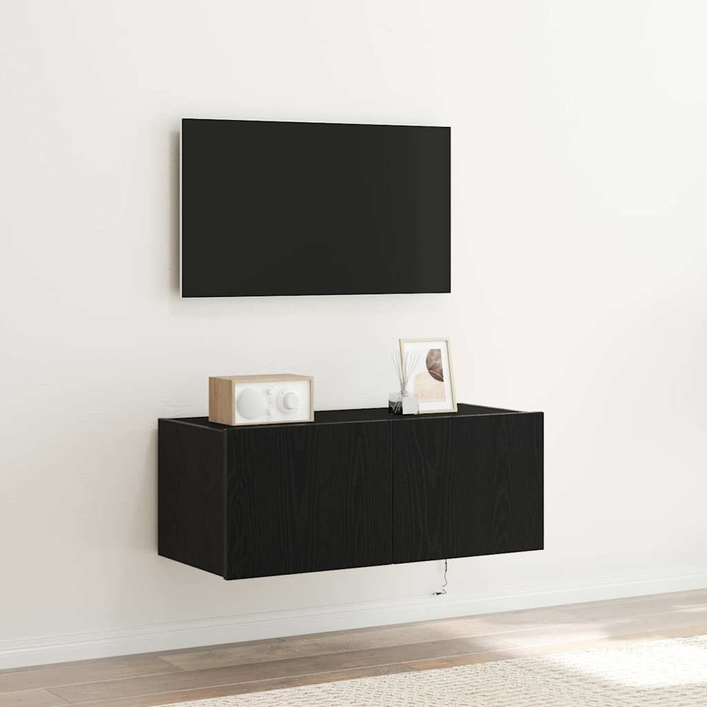 Mobile TV da parete con LED Rovere Nero 80 x 35 x 31 cm
