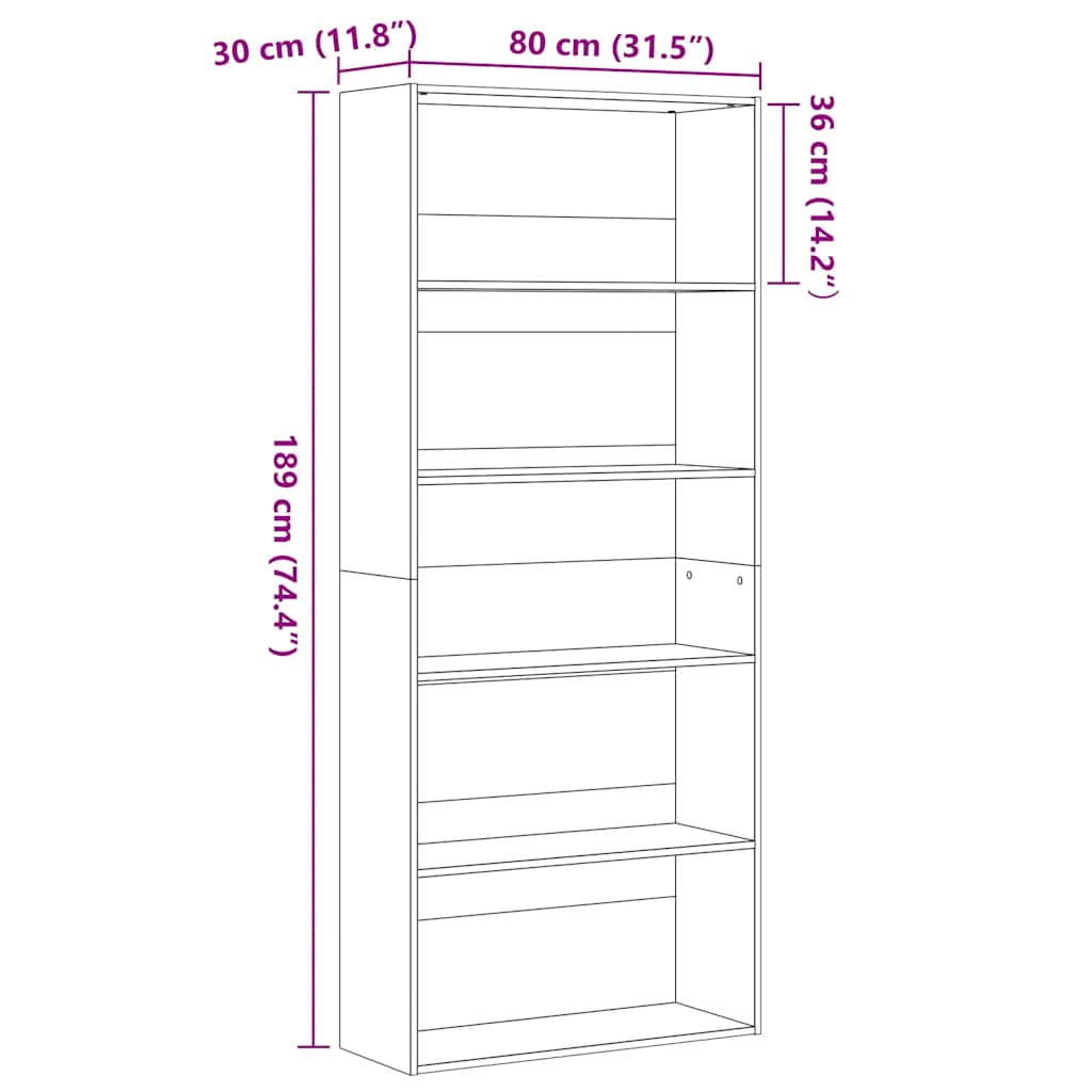 Libreria Rovere Nera 80x30x189 cm in Legno Multistrato