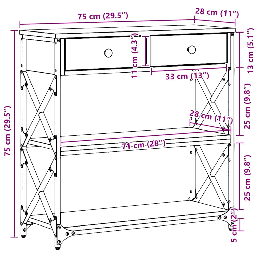 Tavolo Consolle con cassetto Rovere nero 75 x 28 x 75 cm