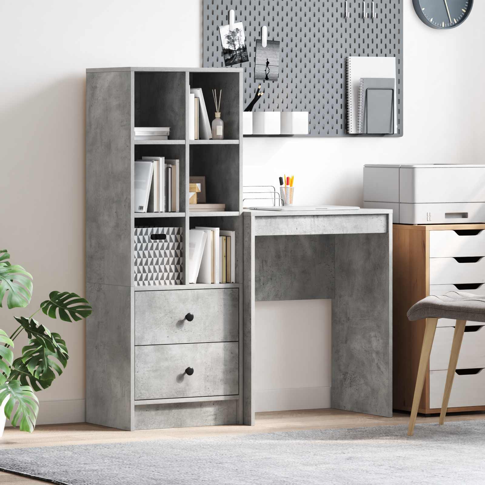 Scrivania con cassetto con lo scaffale 2 pcs Grigio cemento