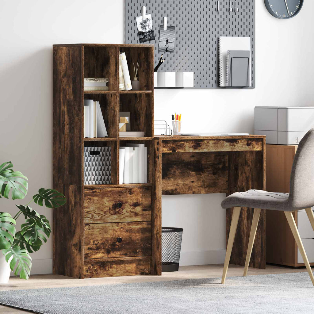 Scrivania con cassetto con lo scaffale 2 pcs Rovere fumé
