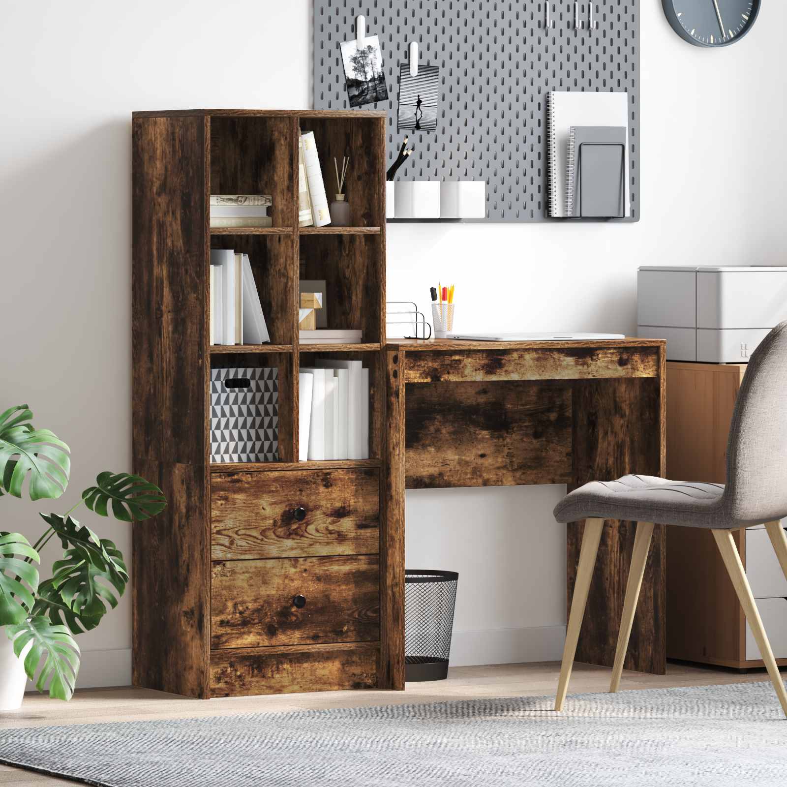 Scrivania con cassetto con lo scaffale 2 pcs Rovere fumé