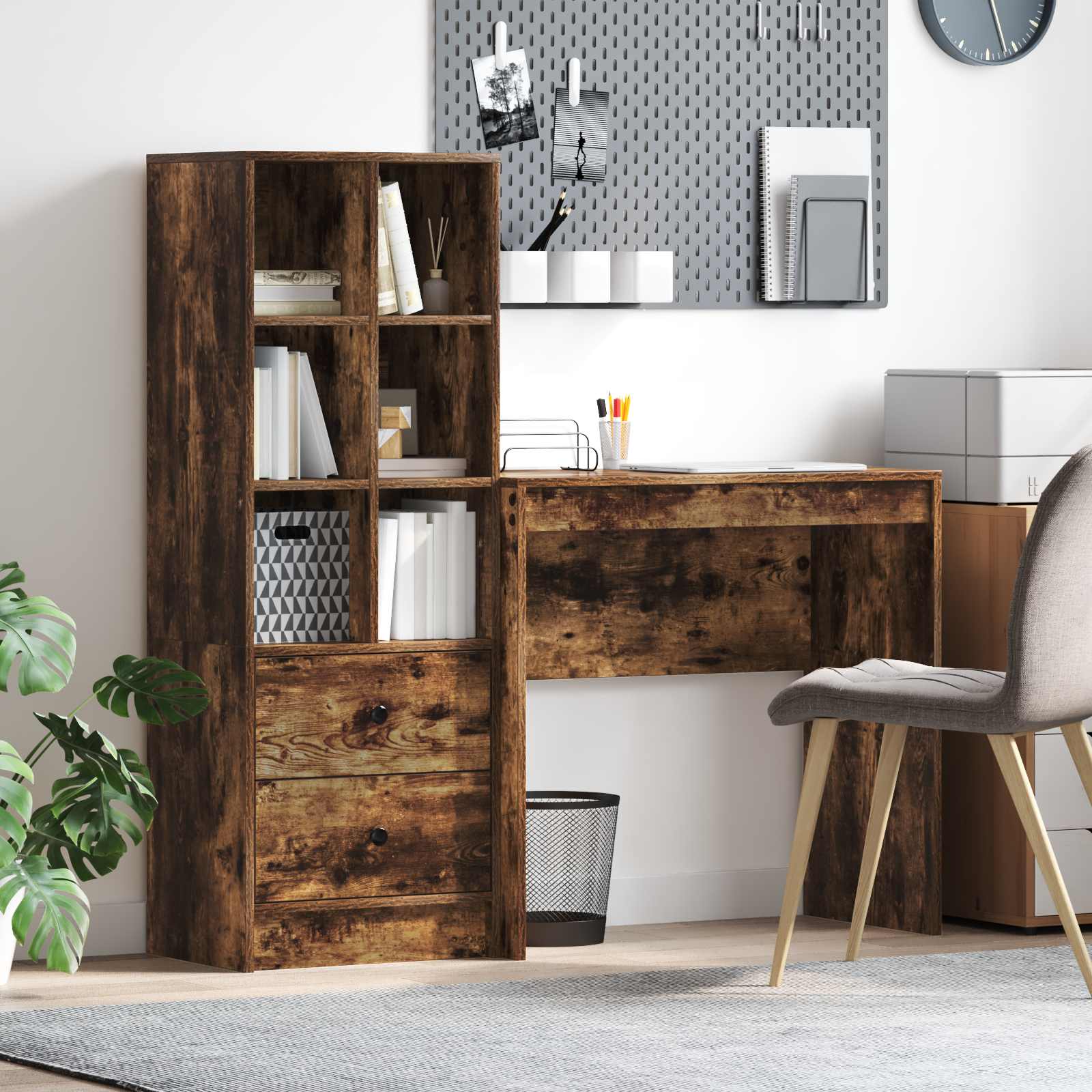 Scrivania con cassetto con lo scaffale 2 pcs Rovere fumé