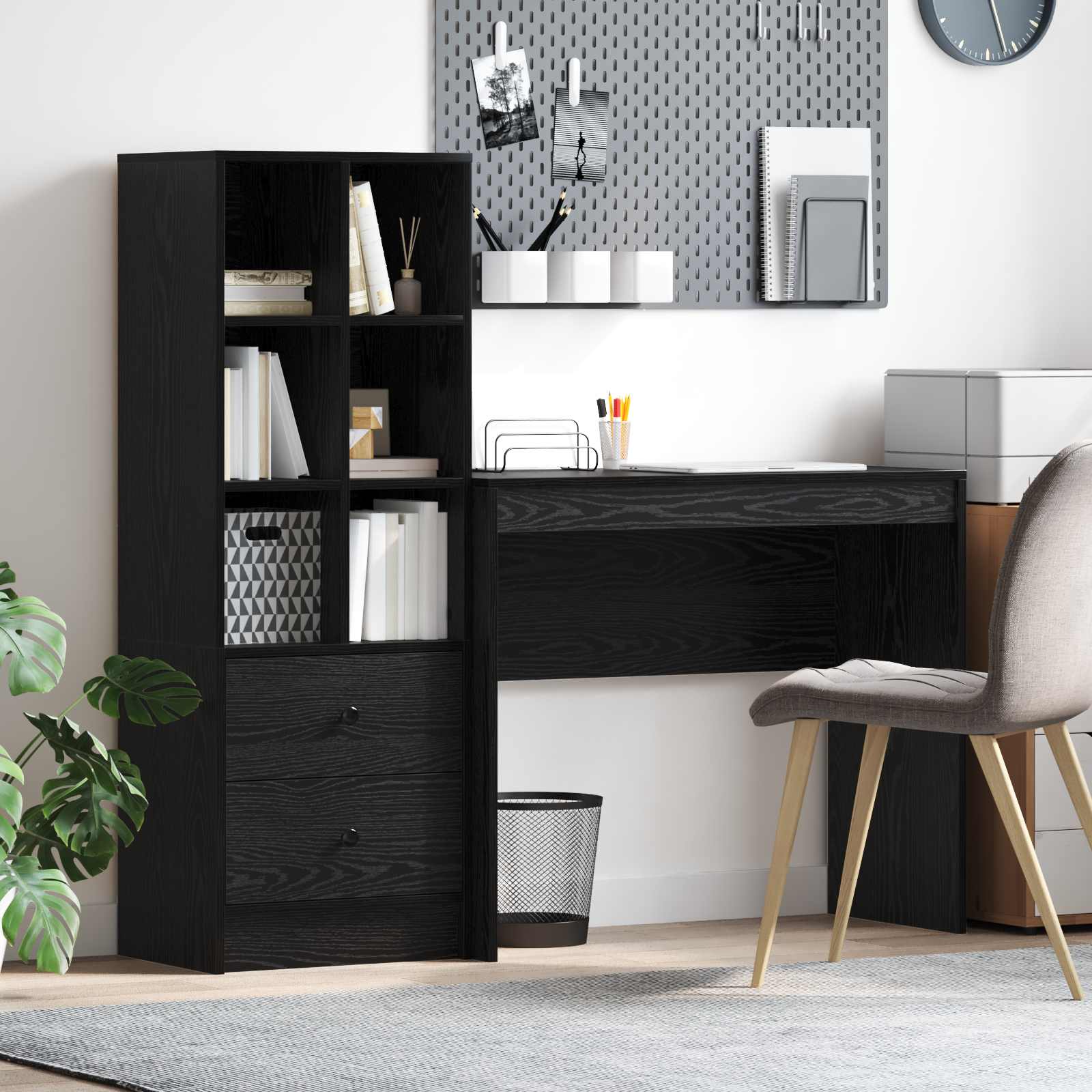 Scrivania con cassetto con lo scaffale 2 pcs Rovere Nero