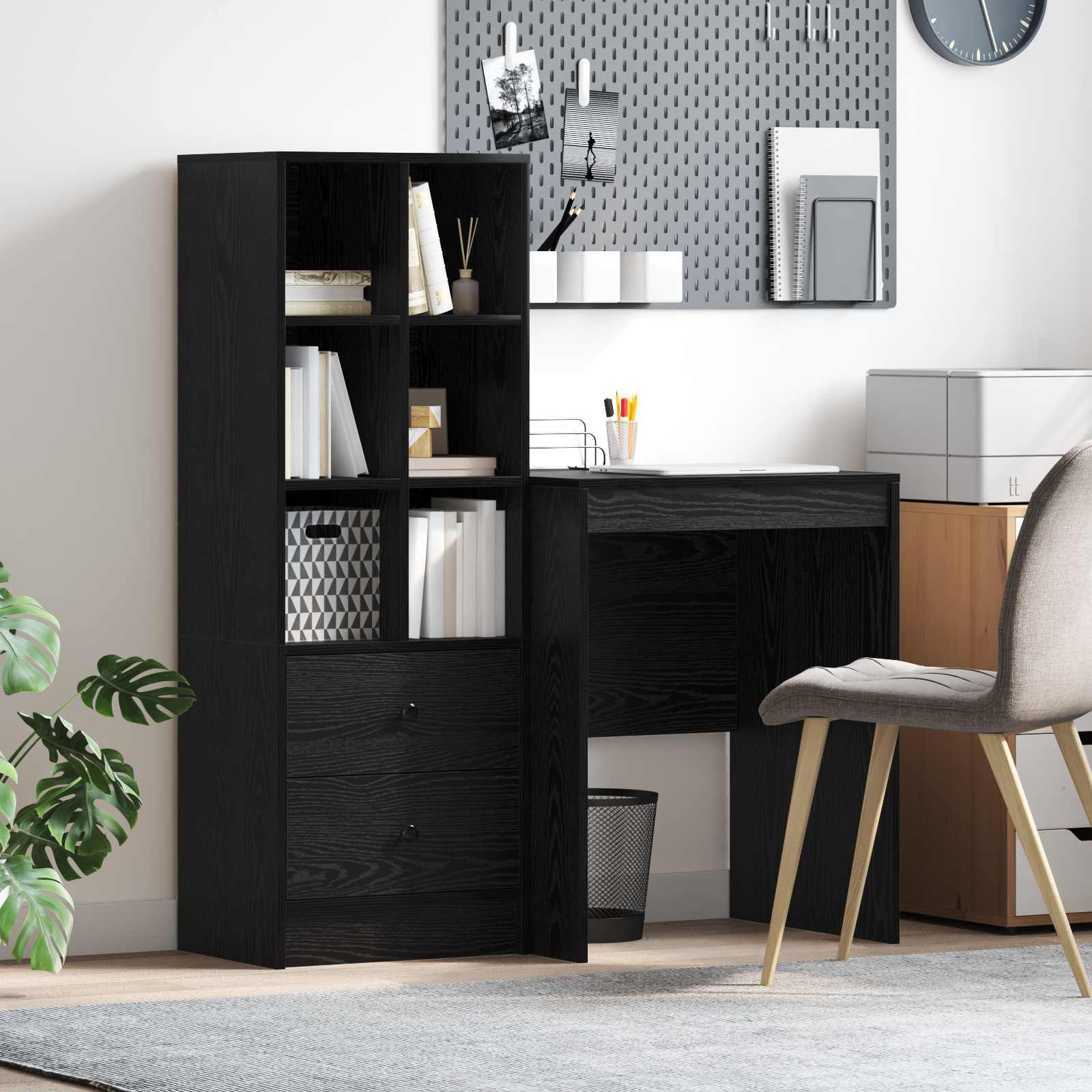Scrivania con cassetto con lo scaffale 2 pcs Rovere Nero