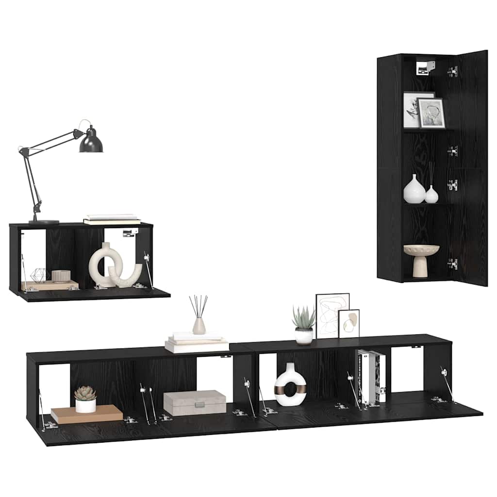 Mobile TV da Parete 4 pcs Rovere Nero Legno multistrato